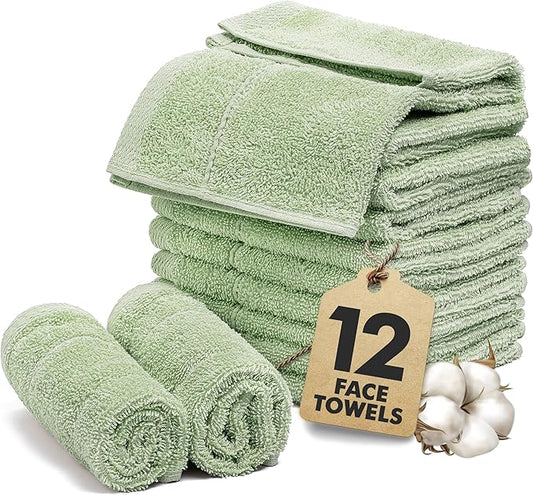 Face Towels Pack of 12 – 100% Cotton Wash Cloths (12x12 inch) – Soft, Quick Dry & Highly Absorbent Hand Towels for Bathroom, Spa, Gym, Kitchen and for Daily Use - (Light Green)