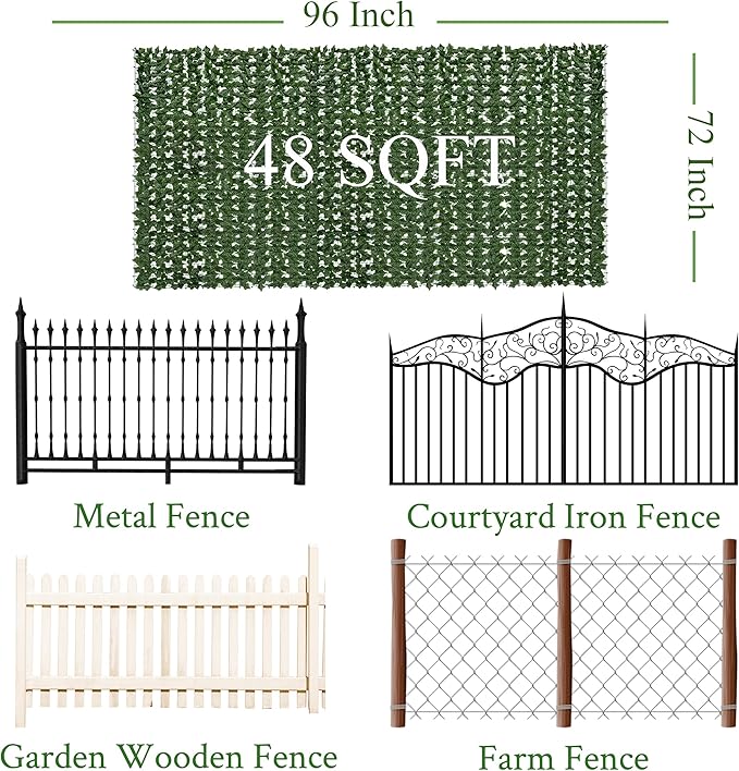 Artificial Ivy Privacy Fence Screen: 96 "x 72" (48 Sqft) Anti-Ultraviolet Artificial Hedge Grass Wall, Used for Indoor and Outdoor Green Background, Garden Greening Decoration