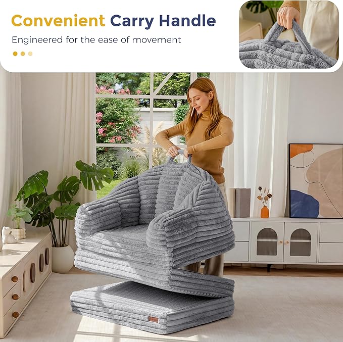 MAXYOYO Folding Sofa Bed, 2 in 1 Convertible Sofa to Lounger Comfy Faux Fur Bean Bag Chair for Adults, Floor Single Sleeper Couch Chair with Handle, Couch Bed for Living Room Bedroom, Grey