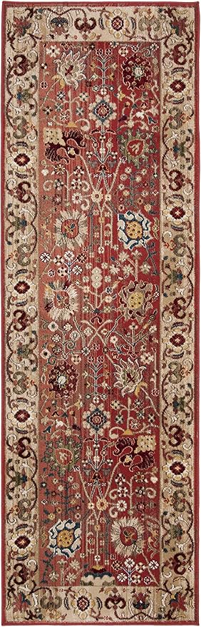 SAFAVIEH Kashan Collection Runner - 2'6" x 14', Red & Beige, Non-Shedding & Easy Care, Ideal for High Traffic Areas in The Living Room, Dining, Bedroom (KSN303L)