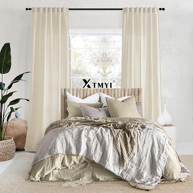 XTMYI 63 Inches Long Beige Country Curtains for Living Room,Sheer Linen Curtains for Bedroom