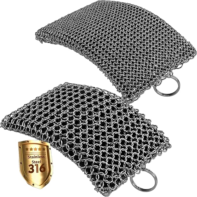 Cast Iron Chainmail Scrubber - Fine Ring - 316 Stainless Steel Skillet Cleaner - Built-in Silicone with Welded Rings - for Cookware, Cast Iron Pots, BBQ and Plates (Standard 2 in 1)