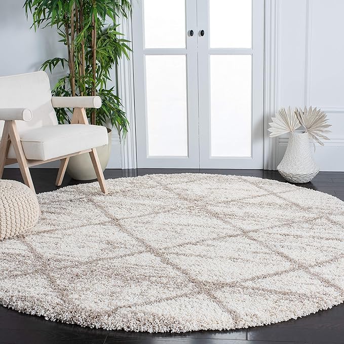 SAFAVIEH Hudson Shag Collection Area Rug - 8' Round, Multi Ivory & Beige, Modern Trellis Design, Non-Shedding & Easy Care, 2-inch Thick Ideal for High Traffic Areas in Living Room, Bedroom (SGH281H)