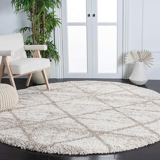 SAFAVIEH Hudson Shag Collection Area Rug - 8' Round, Multi Ivory & Beige, Modern Trellis Design, Non-Shedding & Easy Care, 2-inch Thick Ideal for High Traffic Areas in Living Room, Bedroom (SGH281H)