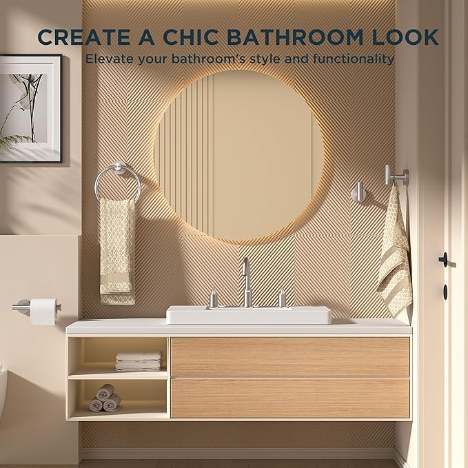 FORIOUS 4 Piece Bathroom Accessories, SUS304 Stainless Steel Toilet Paper Holder, Towel Ring and 2 Towel Hooks, Wall Mounted Bathroom Hardware Set (Brushed Nickel)