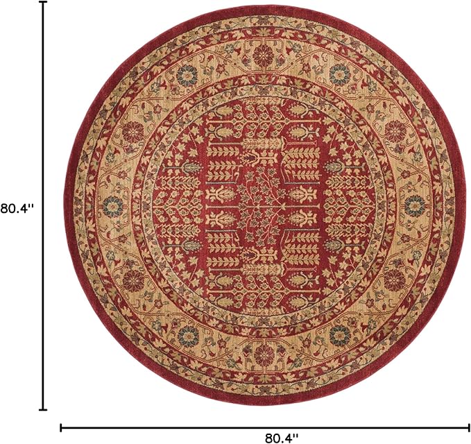 SAFAVIEH Mahal Collection Area Rug - 6'7" Round, Red & Natural, Traditional Oriental Design, Non-Shedding & Easy Care, Ideal for High Traffic Areas in Living Room, Bedroom (MAH697A)