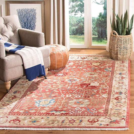 SAFAVIEH Kashan Collection Area Rug - 6'7" x 9', Red & Beige, Traditional Oriental Design, Non-Shedding & Easy Care, Ideal for High Traffic Areas in Living Room, Bedroom, Dining (KSN303L-6)