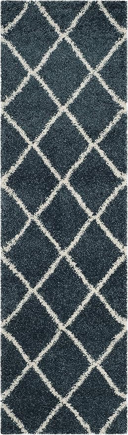 SAFAVIEH Hudson Shag Collection Runner Rug - 2'3" x 14', Slate Blue & Ivory, Trellis Design, Non-Shedding & Easy Care, 2-inch Thick Ideal for High Traffic Areas in Living Room, Bedroom (SGH281L)