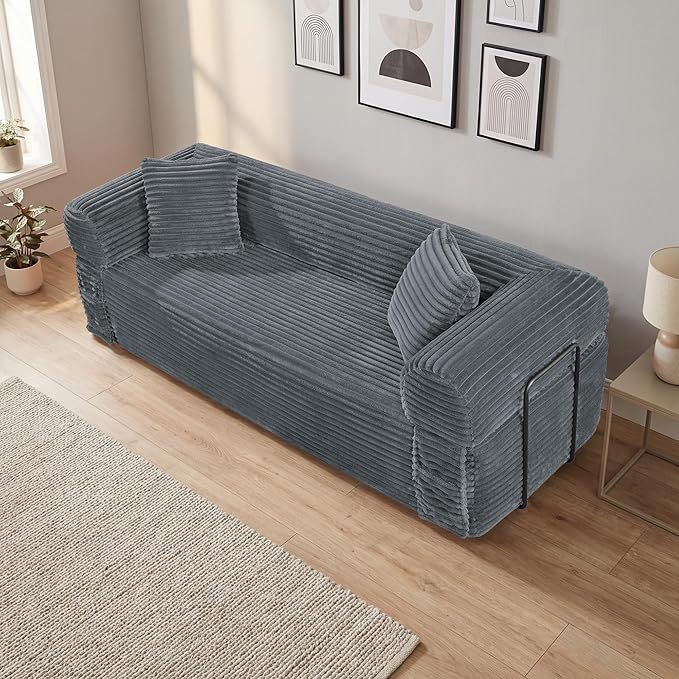 83'' Boneless Couch in A Box, No Assembly Needed Sofa Bed Couch 3 Seater Corduroy Modern Cloud Sofa 29'' Deep Seat with 2 Pillows & Removable Backrest for Living Room, Bedroom, Apartment, Gray | No Assembly Needed, High Density Foam, Removable Backrest...