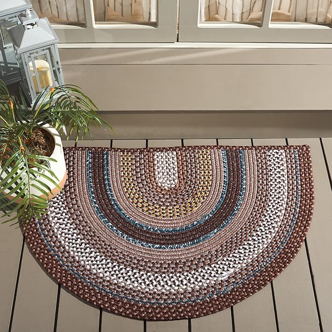 SAFAVIEH Washable Rug Outdoor Braided Collection - 2'6" x 4' Half Moon Shape, Brown & Multi, Handmade & Reversible, Non-Shedding & Easy to Clean, Ideal for Patio, Backyard, Mudroom (BRD313A)