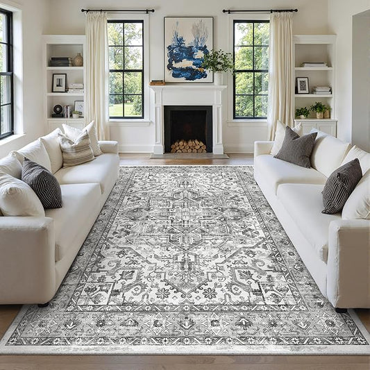 zesthome 9x12 Area Rugs,Stain Resistant Washable Rug,Ultra-Thin Rugs for Living Room,Bedroom,Non-Slip Backing Home Decor Large Area Rug (Grey/White,9'x12')