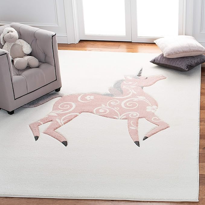 SAFAVIEH Area Rug 8x10 - Carousel Kids Collection - Large - Ivory & Pink, Non-Shedding & Easy Cleaning, Ideal for Boys & Girls in Playroom, Nursery, Bedroom (CRK163A)