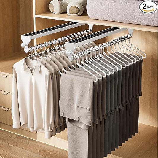 2 Pack Pull Out Closet Rod, 15.7inch Heavy Duty Pants Rack, Adjustable Clothes Hanger Rail, Space Aluminum Valet Rod, Top Mounted Wardrobe Clothes Organizer, Closet Storage for Trousers Coats White