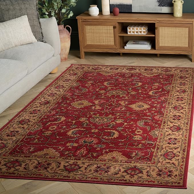 SAFAVIEH Mahal Collection Area Rug - 6'7" x 9'2", Red & Beige, Traditional Oriental Design, Non-Shedding & Easy Care, Ideal for High Traffic Areas in Living Room, Bedroom (MAH693Q)