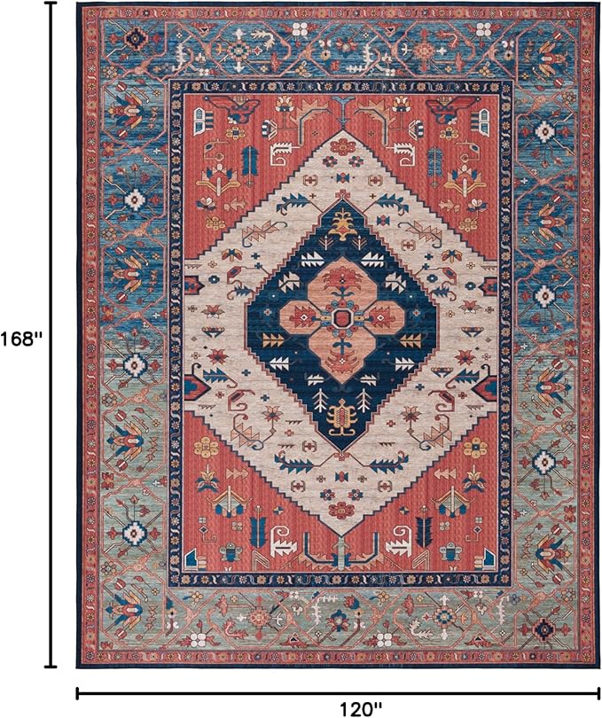 SAFAVIEH Washable Rug Tucson Collection - 10' x 14', Rust & Blue, Slip Resistant & Easy to Clean, Ideal for Living Room, Bedroom, Dining Space (TSN153P)