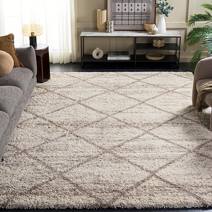 SAFAVIEH Area Rug 8x10 - Hudson Shag Collection - Large - Multi Ivory & Beige, Trellis Pattern, Non-Shedding & Easy Cleaning, Plush Thick Pile, Ideal for Living Room, Bedroom, Dining Space (SGH281H)