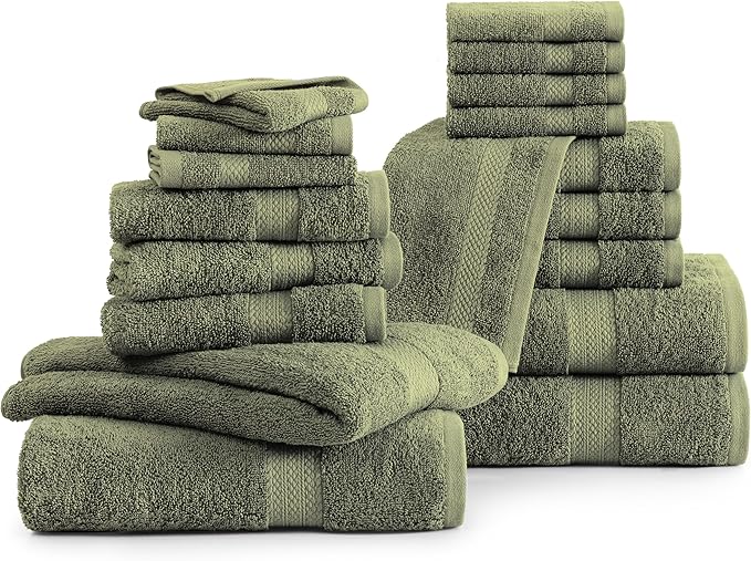 LANE LINEN 100% Cotton Bath Towel Set of 18 - Softer, High Absorbency & Durable - 4 Bath, 8 Wash Cloth, 6 Hand Towels for Bathroom - Premium Look, Spa Quality, Solid Dyed Towels - Oil Green