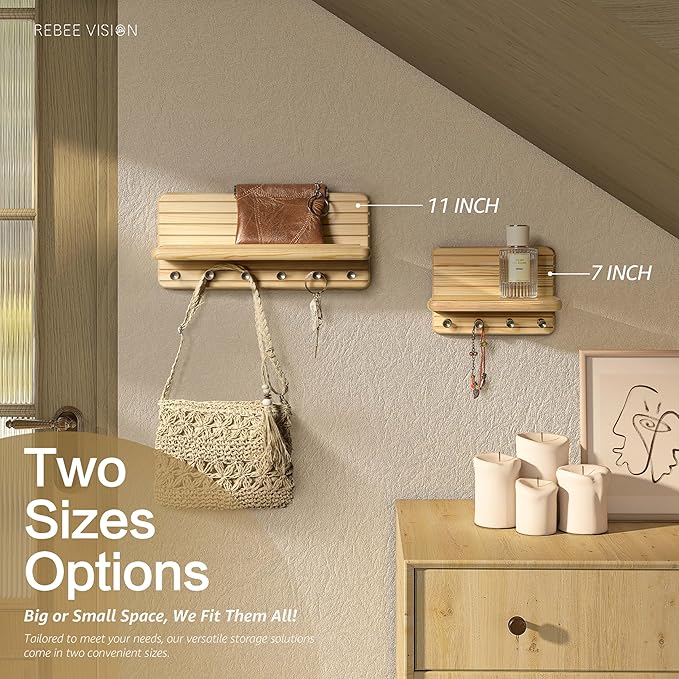 Rebee Vision Decorative Key Holder Wall Mount – Farmhouse 11-Inch Pine Wooden Key Holder for Wall with 6 Hooks & Floating Shelf - Chic and Functional Home Decor Solution (Natural Wood)
