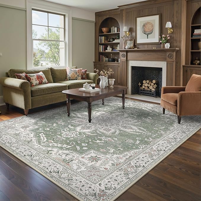 GENIMO 5X7 Washable Vintage Area Rugs for Living Room, Non-Slip Low Pile Chenille Print Rug, Soft Rugs for Bedroom Dining Room Home Office, Sage & Linen
