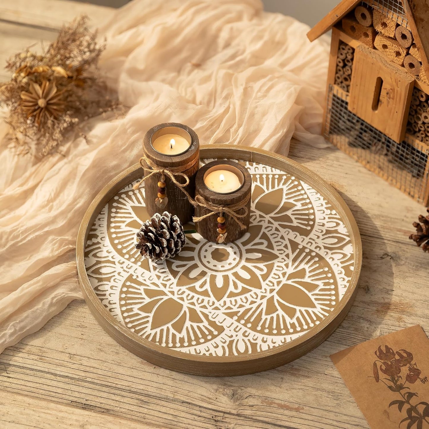 Round Boho Wood Tray Set — Farmhouse Centerpiece, Set of 2