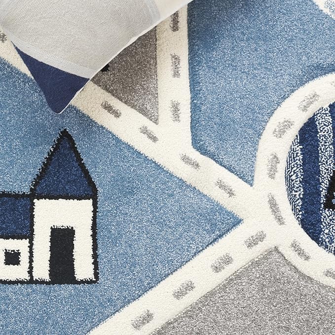 SAFAVIEH Carousel Kids Collection Area Rug - 4' x 6', Grey/Blue, Geometric Design, Ideal for High Traffic Areas in Living Room, Bedroom, Dining (CRK193M)
