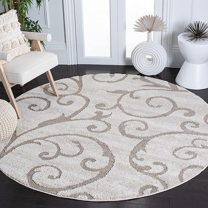 SAFAVIEH Florida Shag Collection Area Rug - 6'7" Round, Ivory & Beige, Scroll Design, Non-Shedding & Easy to Clean, High-Low Plush Pile, Ideal for Living Room, Bedroom, Dining Space (SG455-13LT)