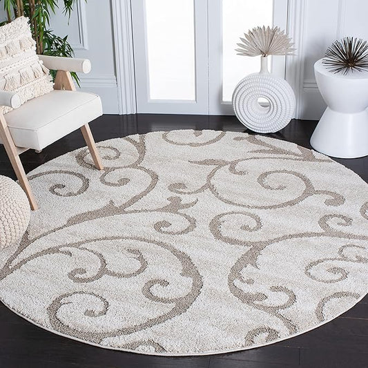 SAFAVIEH Florida Shag Collection Area Rug - 9' Round, Ivory & Beige, Scroll Design, Non-Shedding & Easy to Clean, High-Low Plush Pile, Ideal for Living Room, Bedroom, Dining Space (SG455-13LT)
