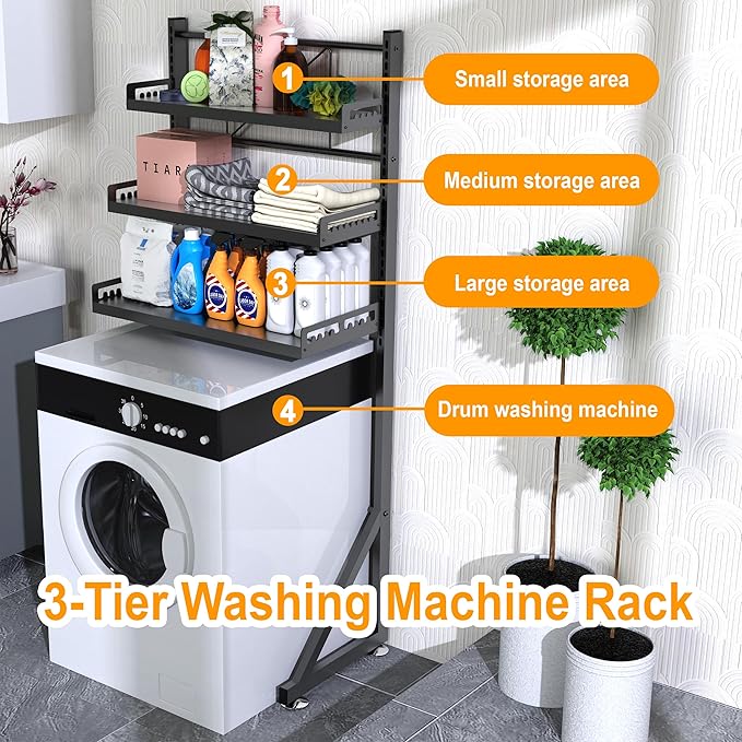 Multifunctional Storage Three-Tier Adjustable Height Laundry Room Shelf Space Saving Organizer