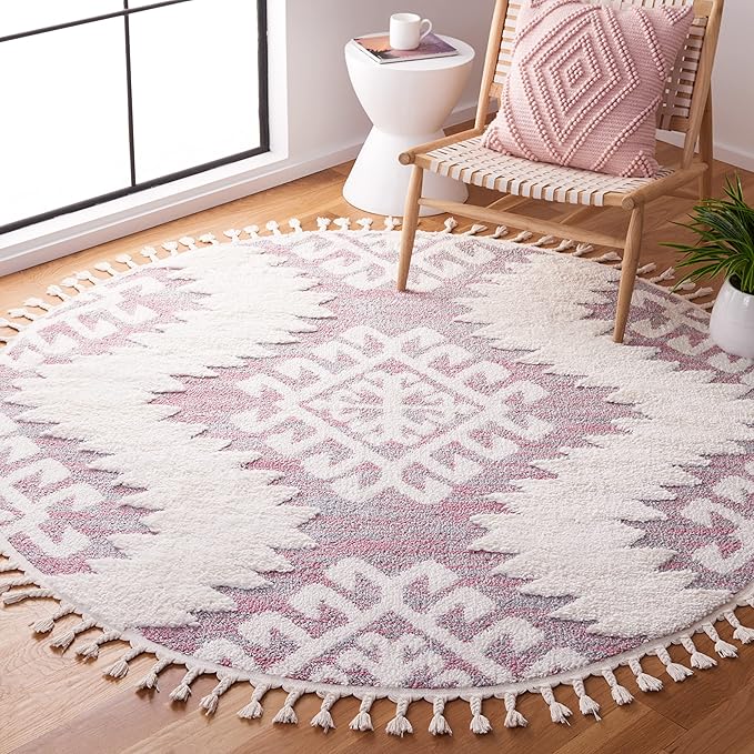 SAFAVIEH Moroccan Tassel Shag Collection Area Rug - 6'7" Round, Pink & Ivory, Boho Rustic Trellis, Non-Shedding & Easy Care, 2-inch Thick Ideal for High Traffic Areas in Living Room, Bedroom (MTS652U)
