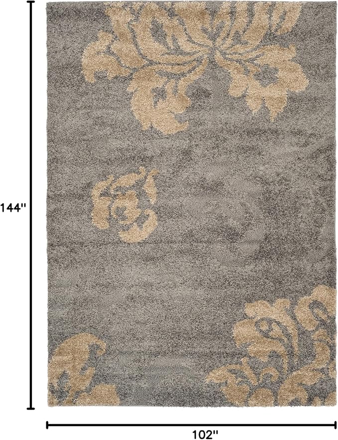 SAFAVIEH Florida Shag Collection Area Rug - 8'6" x 12', Grey & Beige, Floral Design, Non-Shedding & Easy Care, 1.2-inch Thick Ideal for High Traffic Areas in Living Room, Bedroom (SG458-8013)