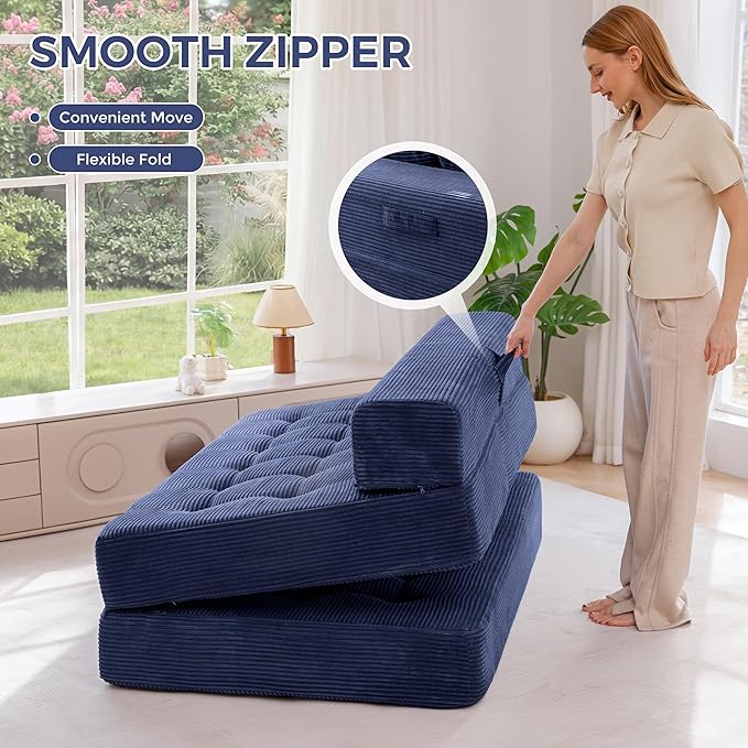 MAXYOYO Folding Sofa Couch, Convertible Floor Sleeper Couch with 3 Pillows, Tufted Floor Oversized Loveseat Couch Tufted Fold Out Chair Bed Comfy Sofa Lounge for Living Room Bedroom, Navy