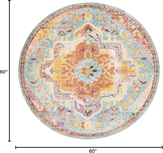 SAFAVIEH Crystal Collection Area Rug - 5' Round, Orange & Teal, Medallion Distressed Design, Non-Shedding & Easy Care, Ideal for High Traffic Areas in Living Room, Bedroom (CRS501K)