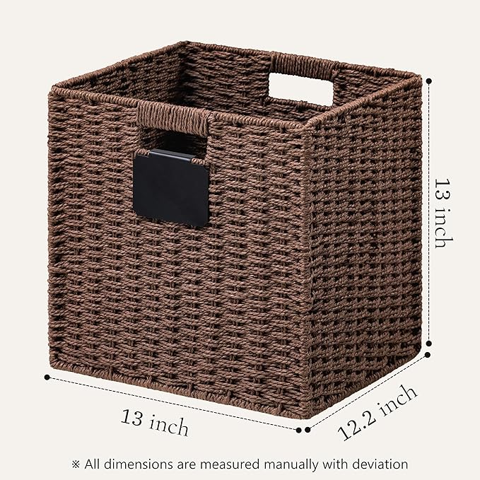 UBBCARE 2 Pack Wicker Basket, 13×13 Storage Cubes with Label, Foldable Cube Storage Bin with Handle, Square Storage Basket for Shelves, Woven Paper Rope Basket for Organizing, Brown