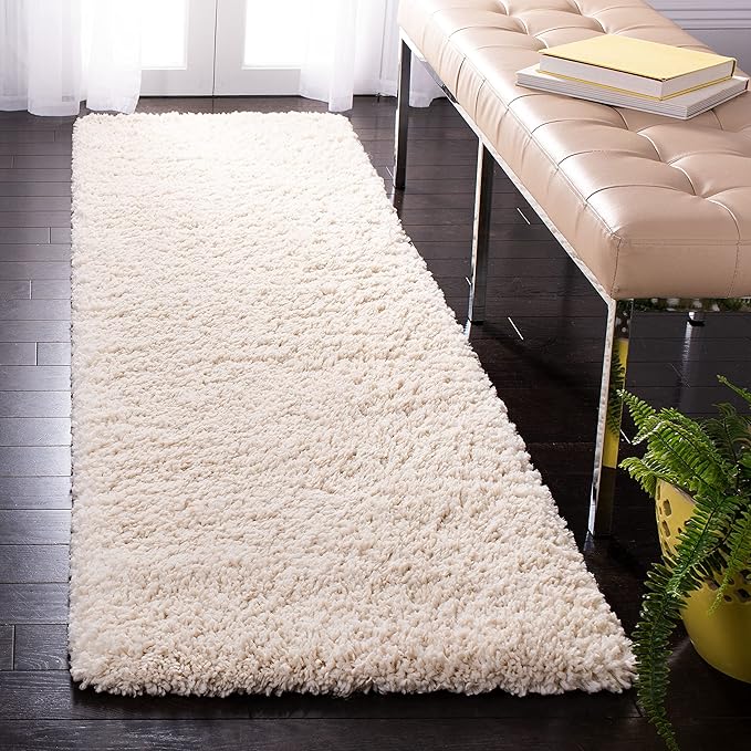 SAFAVIEH Fontana Shag Collection Runner Rug - 2'3" x 6', Creme, Solid Design, Non-Shedding & Easy Care, 2-inch Thick Ideal for High Traffic Areas in Living Room, Bedroom (FNT800B)