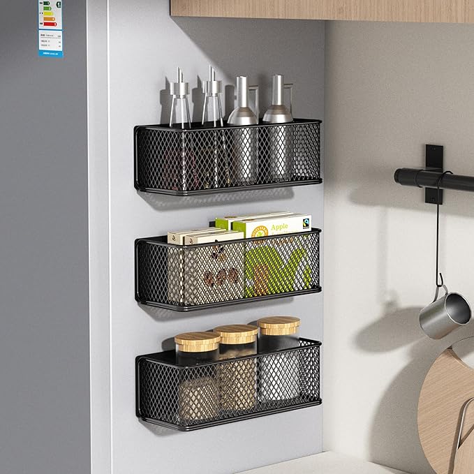 Magnetic Basket Bins Fridge Organizer Pencil Holder - Whiteboard Accessories for Home Kitchen Organization (Mesh Black-High)