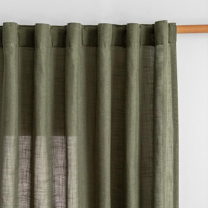 MYSKY HOME 95 Inch Semi Sheer Sliding Door Curtains Farmhouse Light Filtering Window Curtain Drapes for Patio Living Room, Linen Look Texture Fabric Bohemian Draperies, 50x95, Olive Green, 2 Panels