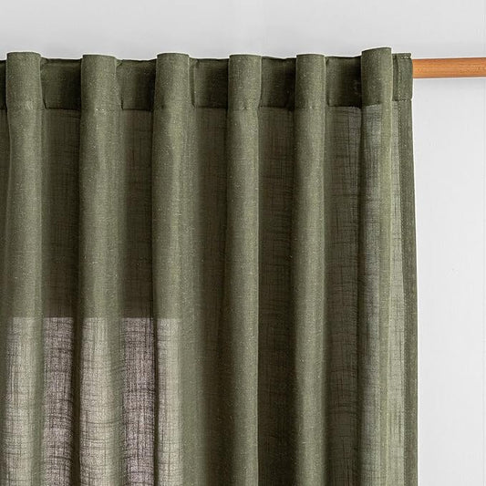 MYSKY HOME 95 Inch Semi Sheer Sliding Door Curtains Farmhouse Light Filtering Window Curtain Drapes for Patio Living Room, Linen Look Texture Fabric Bohemian Draperies, 50x95, Olive Green, 2 Panels
