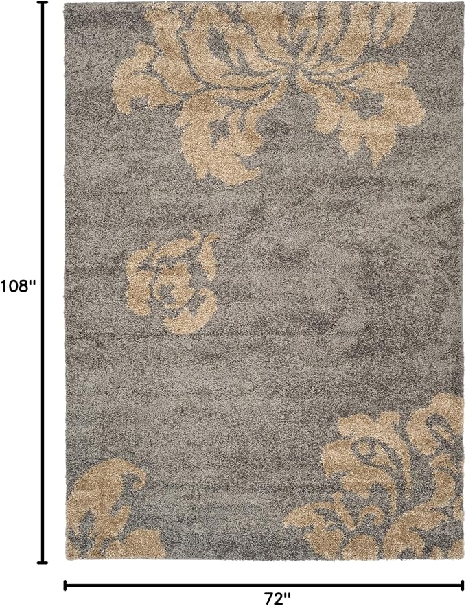 SAFAVIEH Florida Shag Collection Area Rug - 6' x 9', Grey & Beige, Floral Design, Non-Shedding & Easy Care, 1.2-inch Thick Ideal for High Traffic Areas in Living Room, Bedroom (SG458-8013)
