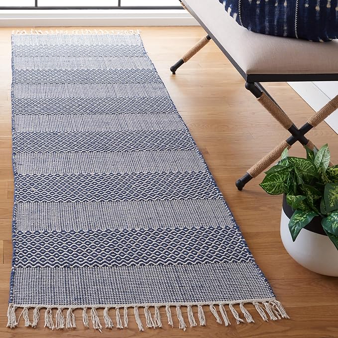 SAFAVIEH Montauk Collection Runner Rug - 2'3" x 8', Ivory & Navy, Handmade Flat Weave Boho Farmhouse Cotton Tassel Fringe, Ideal for High Traffic Areas in Living Room, Bedroom (MTK330B)