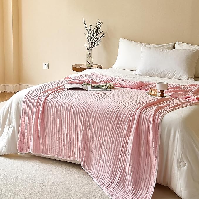 SANACYNA 100% Cotton Muslin Blanket King 6-Layer Gauze Pink Bed Blanket Lightweight Soft and Breathable Blanket for Sofa Couch Coverlet Farmhouse Decor Both Sides (Pink, King 90" X 104")