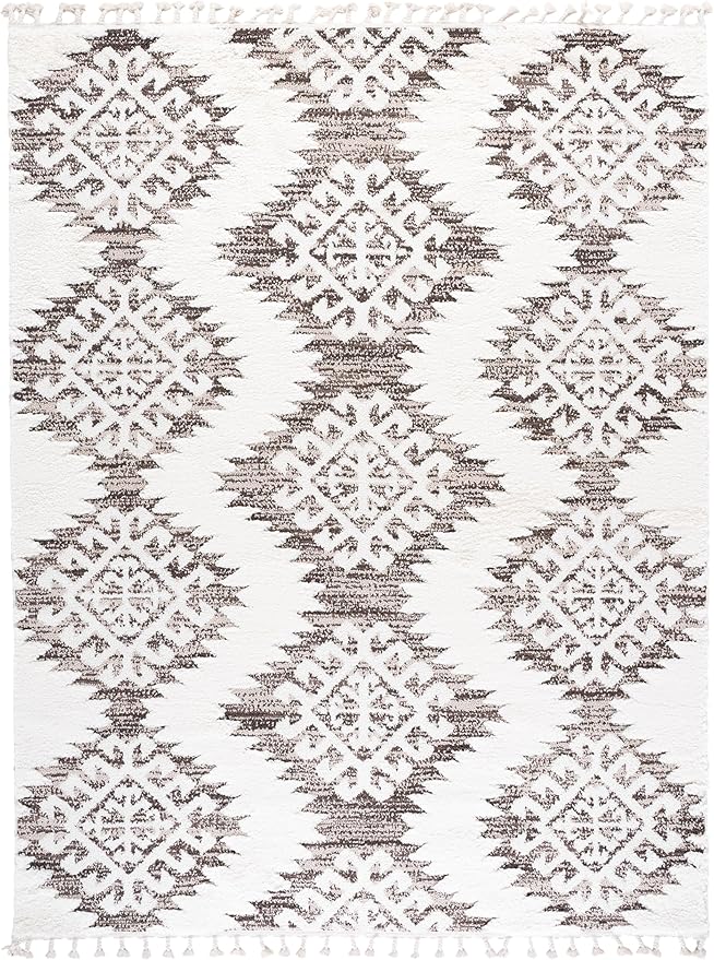 SAFAVIEH Moroccan Tassel Shag Collection Area Rug - 10' x 14', Ivory & Brown, Boho Design, Non-Shedding & Easy Care, 2-inch Thick Ideal for High Traffic Areas in Living Room, Bedroom (MTS652A)
