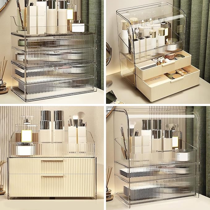DASITON Clear Dustproof Four layers Storage Box,Makeup Brush Holder,Large Capacity Desktop Storage Box with Drawer,for Beauty Products,Perfume,Jewelry,Nail Polish