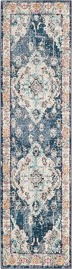 SAFAVIEH Monaco Collection Runner Rug - 2'2" x 16', Navy & Light Blue, Non-Shedding & Easy to Clean, Distressed Medallion Design, Ideal for Hallway, Foyer, Entryway, Kitchen, Bedroom (MNC243N)