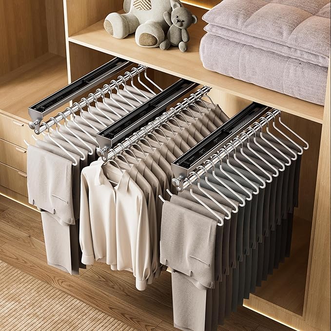 Pull Out Closet Rod, 13.7inch Heavy Duty Pants Rack, Adjustable Clothes Hanger Rail, Space Aluminum Valet Rod, Top Mounted Wardrobe Clothes Organizer, Closet Storage for Trousers Coats Gray