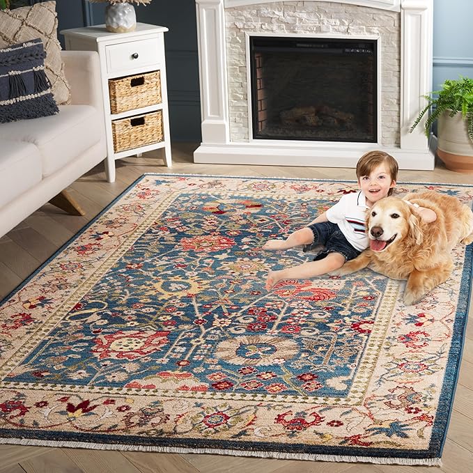 SAFAVIEH Kashan Collection Area Rug - 6'7" x 9', Blue & Tan, Traditional Design, Stain Resistant, Ideal for High Traffic Areas in Living Room, Bedroom & Dining Room (KSN303G-6)