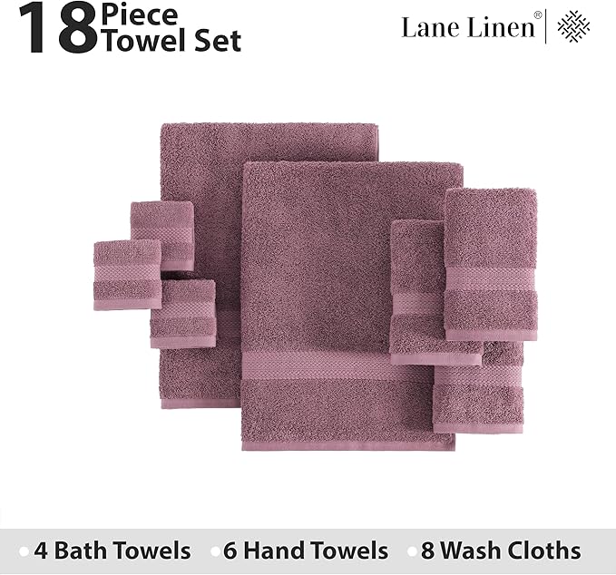 LANE LINEN 100% Cotton Towels for Bathroom - 18 Piece - Softer & Highly Absorbent - 4 Bath, 8 Wash Cloth, 6 Hand Towels - Perfect Family Set, Hotel Quality, Gentle on Skin - Wistful Mauve