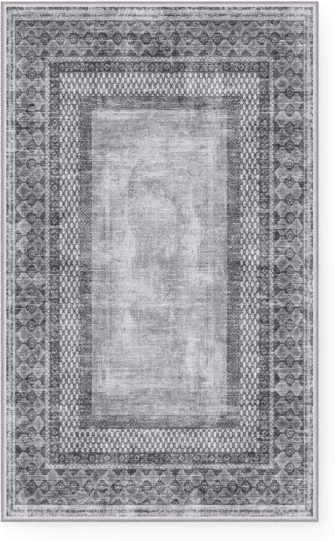 NICETOWN 2' x 8' Hallway Runner Rug, Machine Washable Thin Non-Slip 2x8 Grey Kitchen Soft Foldable Mysterious Tribal Bordered Indoor Mat Runner Rug for Bathroom Laundry Room, Grey