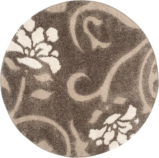 SAFAVIEH Florida Shag Collection Area Rug - 8' Round, Smoke & Beige, Floral Design, Non-Shedding & Easy Care, 1.2-inch Thick Ideal for High Traffic Areas in Living Room, Bedroom (SG464-7913)