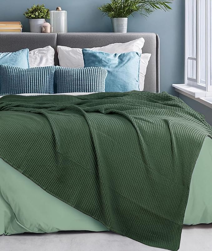 HILLFAIR 100% Combed Cotton Blanket– Queen Size Bed Blanket– Warm Soft All Season Breathable Lightweight Summer Blankets– Waffle Weave Home Decor Bed Blanket- Olive Queen Bed Cotton Blankets/Bedcover