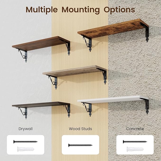 RICHFOCUS Floating Shelves for Wall Decor, 24Inch Shelves Set of 2, 24W x 8D Floating Shelves Wall Mounted with Metal Brackets, Rustic Wood Shelves for Living Room Bedroom Kitchen, Walnut